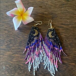 Beaded Moon Fringe Earrings - Black, Pink, Gold